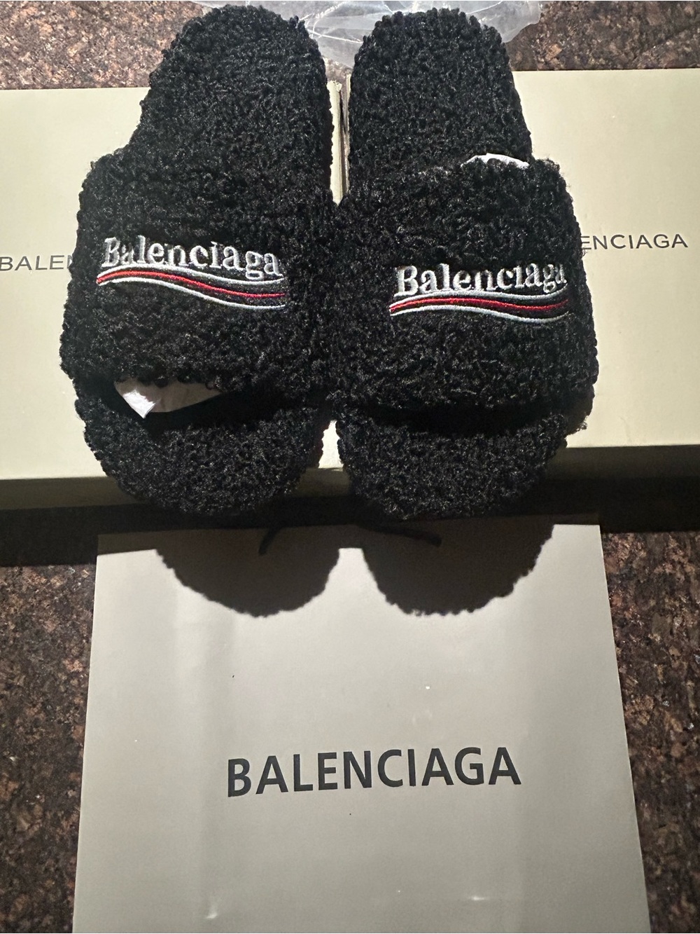 Balenciaga Black Fuzzy Logo Slide Slippers with Tricolor Stitching